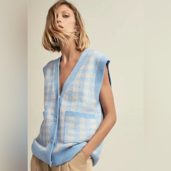 Zara Sweaters - Zara Cardigan Vest Gingham Blue Cream V-Neck Crystal Glass Sweater S Small